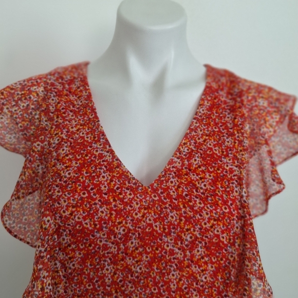 CeCe Red Ditsy Floral Ruffle Flutter Sleeve Blouse Size  XS - Picture 2 of 10